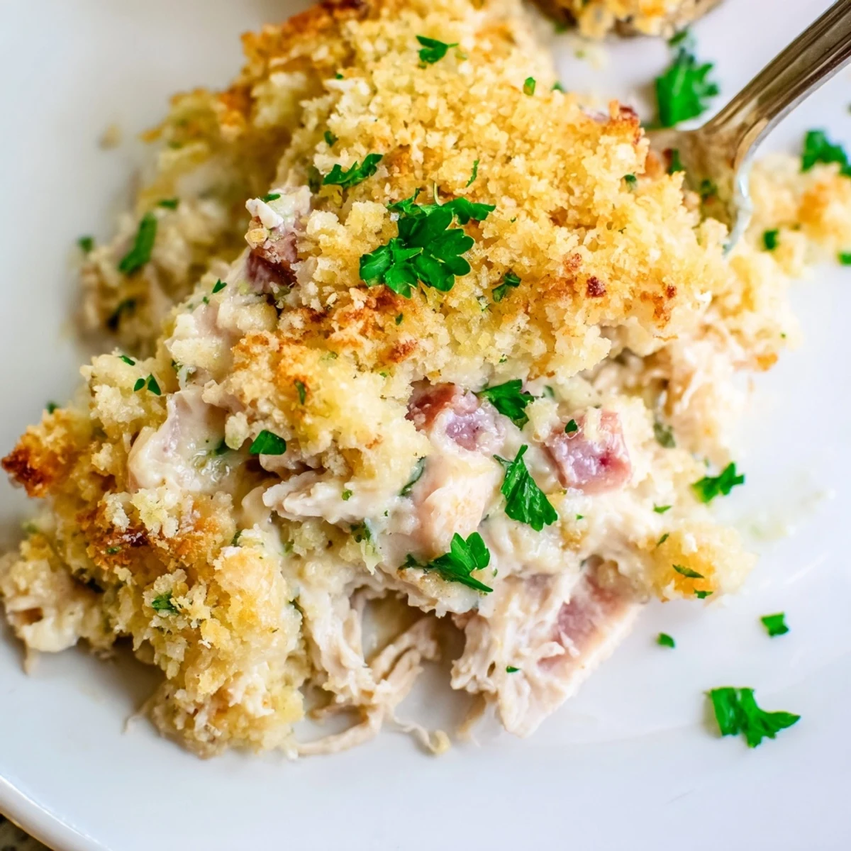 Golden, bubbly Chicken Cordon Bleu Casserole with a crispy, buttery panko topping is pulled from the oven.