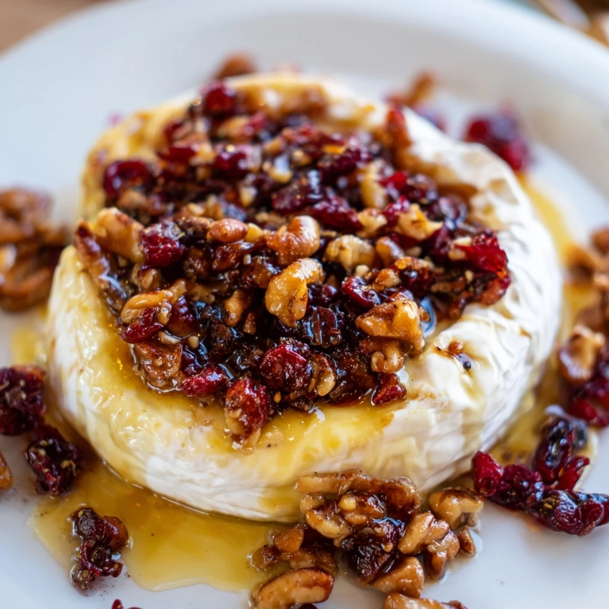 Golden, melty Baked Brie with Cranberry Pecan Topping oozes onto a plate next to crackers for dipping.