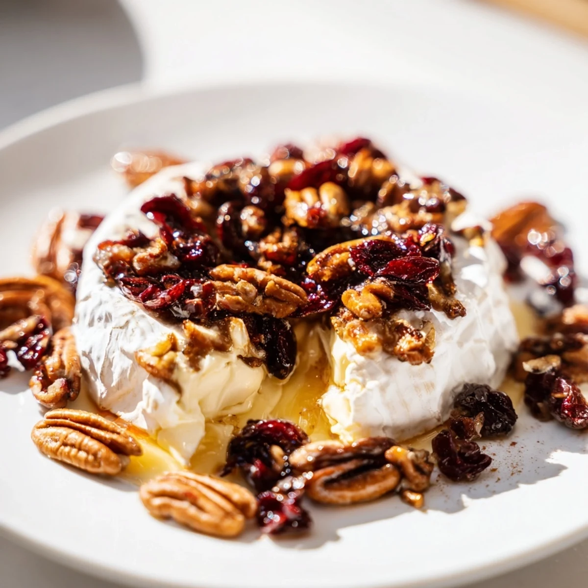 A slice of crusty bread lifts a generous portion of warm Baked Brie with Cranberry Pecan Topping.