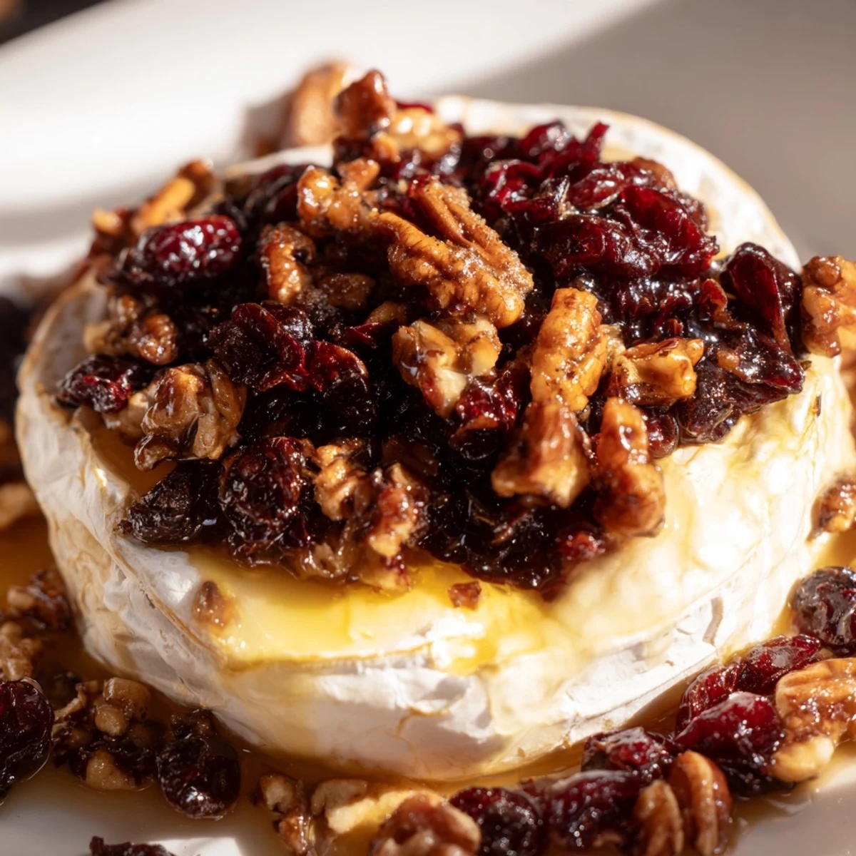 Freshly baked Baked Brie with Cranberry Pecan Topping topped with toasted pecans, served warm from the oven.