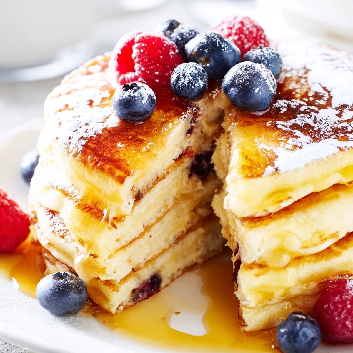 Stack of fluffy Lemon Ricotta Pancakes with Syrup on a white plate, a pat of butter melting into the golden layers.