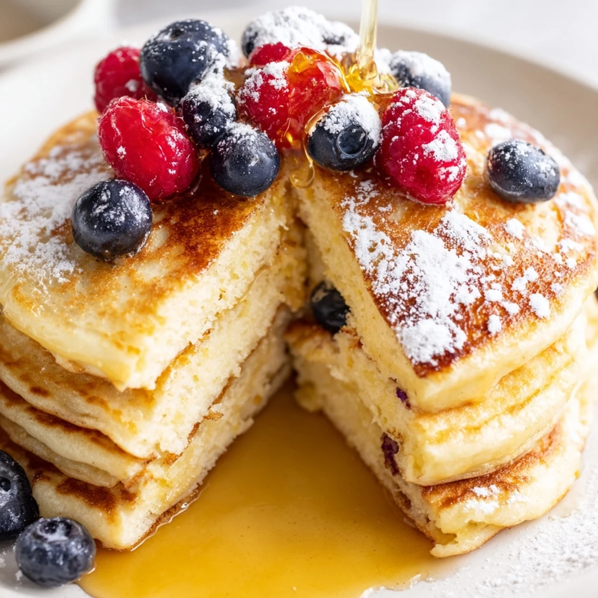 Drizzling warm maple syrup over a serving of Lemon Ricotta Pancakes, highlighting the creamy ricotta and fresh lemon zest.