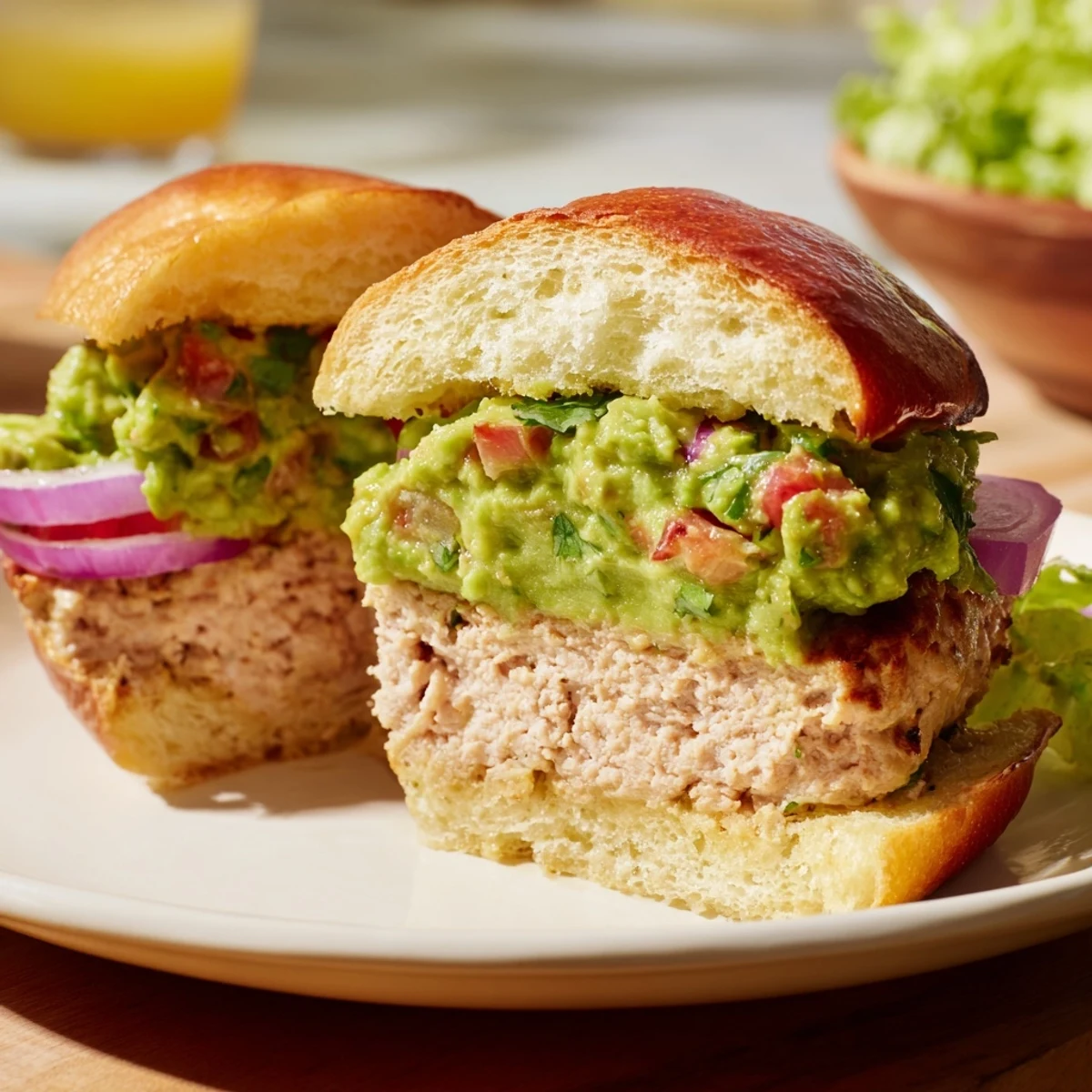 Sizzling turkey burger with guacamole and fresh toppings on a plate, ready to serve for a healthy, dairy-free American dinner.