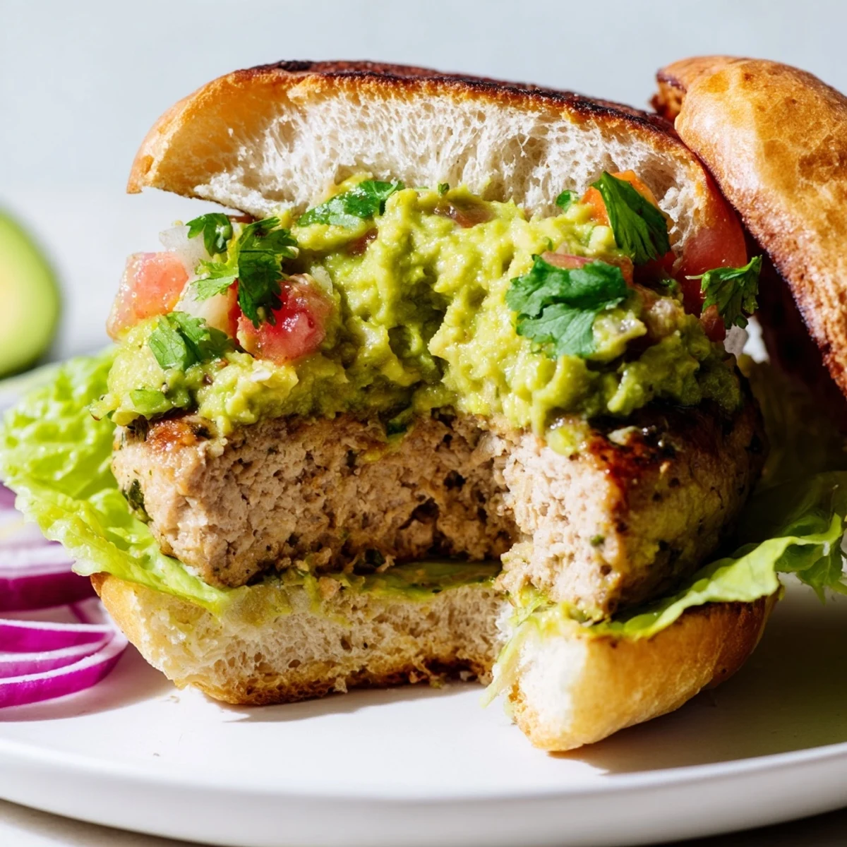 Close-up of a juicy turkey burger with guacamole, sliced tomato and red onion on a toasted bun beside mixed greens.
