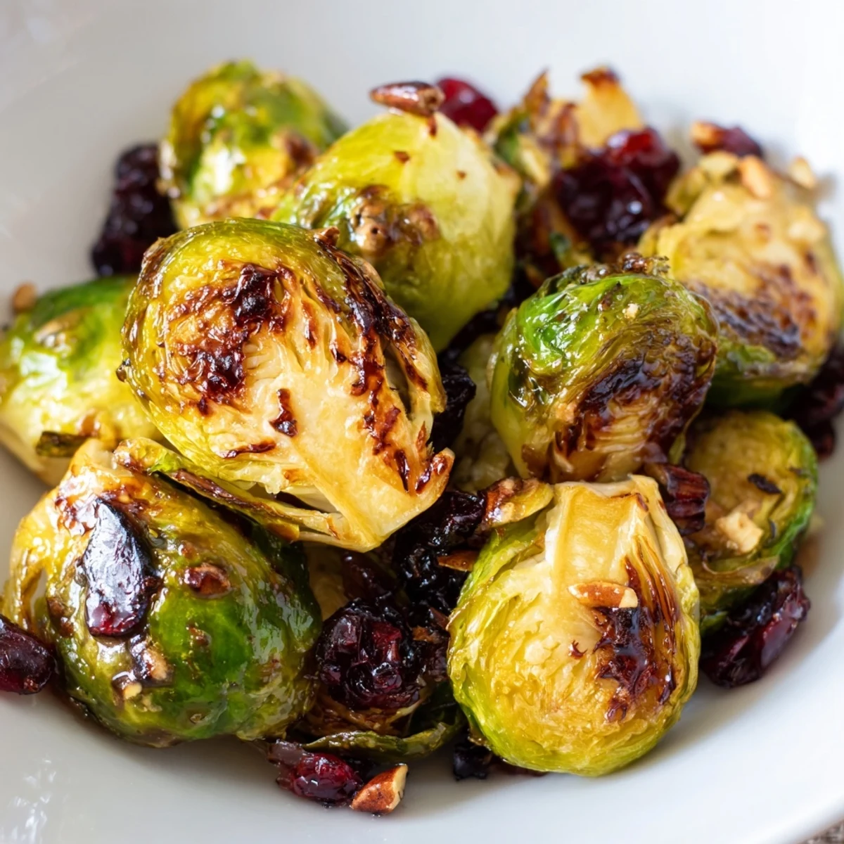 Golden-brown roasted Brussels sprouts with cranberries, drizzled with balsamic glaze and topped with pecans on a white platter.