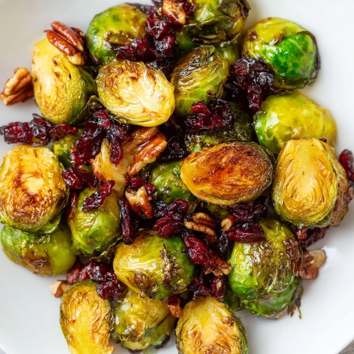 Festive roasted Brussels sprouts with cranberries and red onion, served warm as a gluten-free holiday side dish.