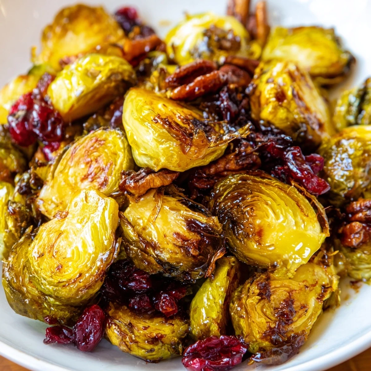 Crispy oven-roasted Brussels sprouts with cranberries and balsamic glaze, finished with chopped walnuts on a rustic plate.