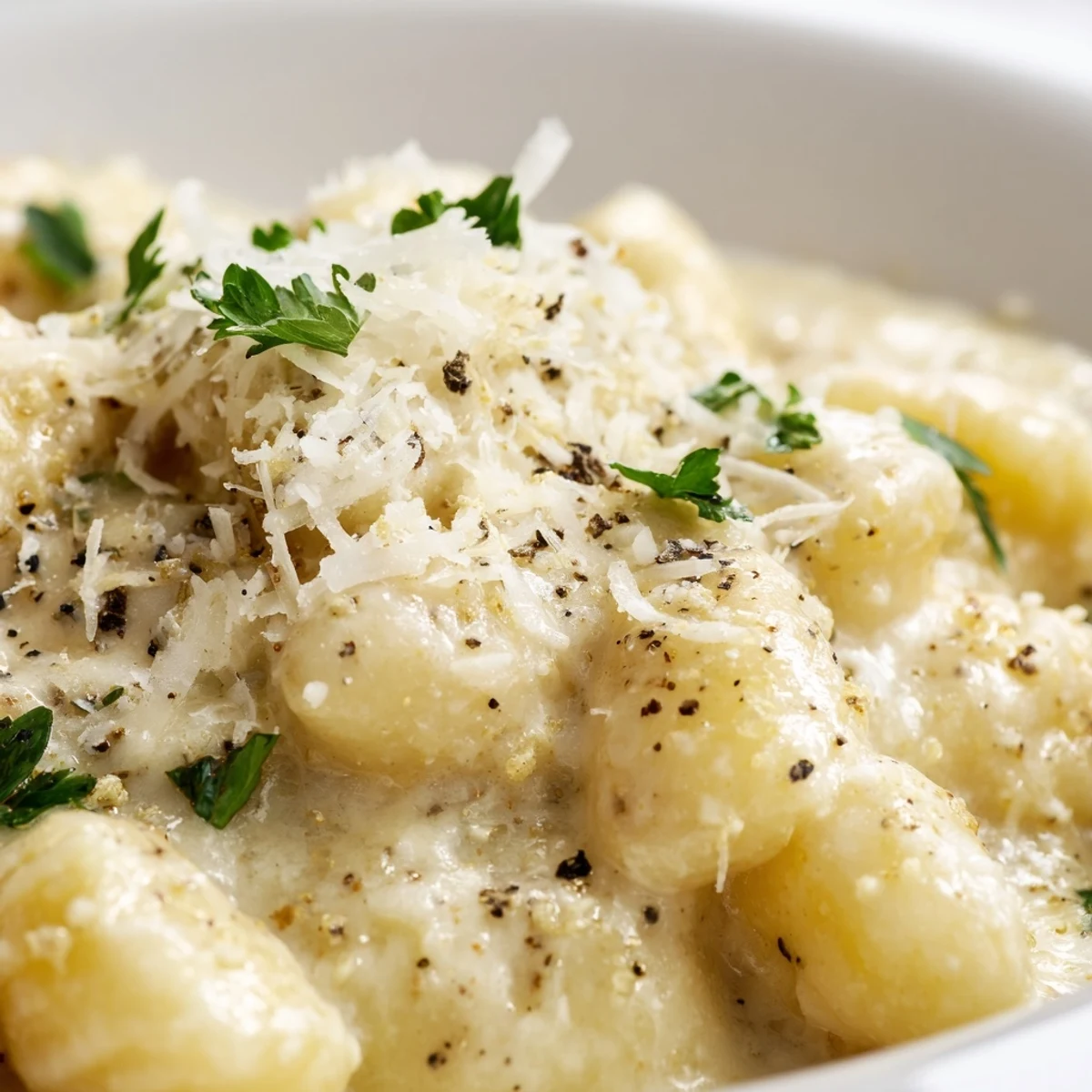 Creamy Garlic Parmesan Gnocchi served hot from the skillet, garnished with fresh parsley and extra grated cheese.