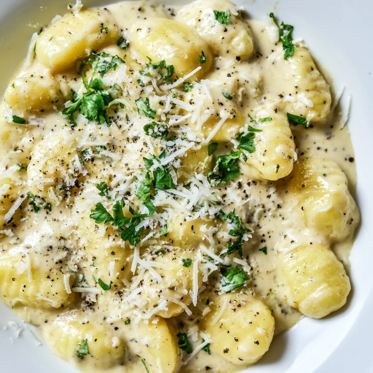 Tender potato gnocchi coated in a rich, garlicky Parmesan cream sauce, perfect for a cozy Italian dinner.
