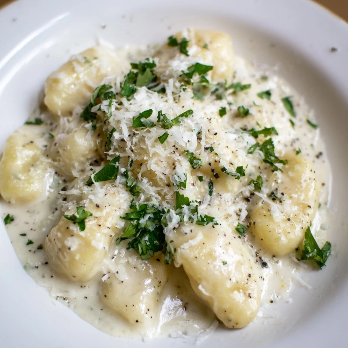 A close-up of Creamy Garlic Parmesan Gnocchi, steam rising from the velvety sauce in a rustic pan.