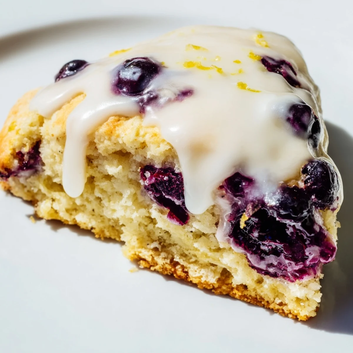 Freshly baked Lemon Blueberry Scones with Glaze on a rustic board, showcasing golden edges and a sweet citrus drizzle over juicy berries.