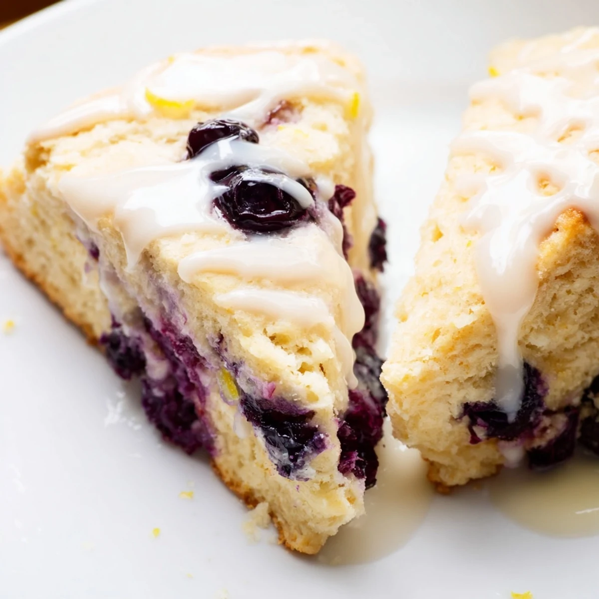 A close-up of warm Lemon Blueberry Scones with Glaze, highlighting the tender crumb and bursting fresh blueberries on a clean white plate.