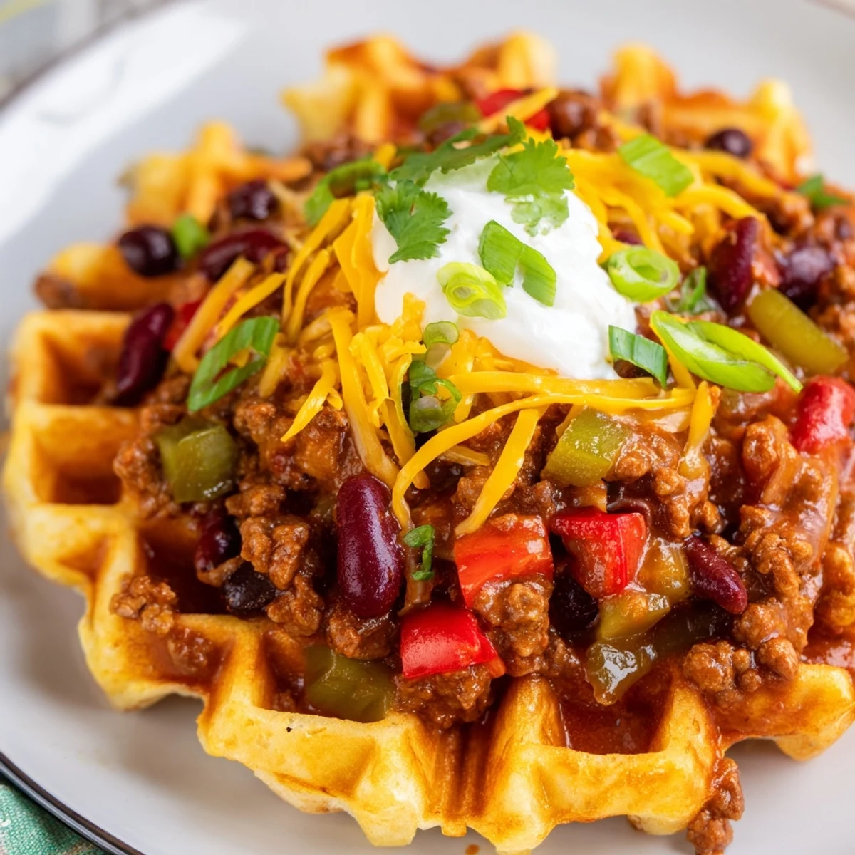 Hearty beef chili ladled over a golden cornbread waffle, topped with melted cheddar and fresh cilantro sprigs.