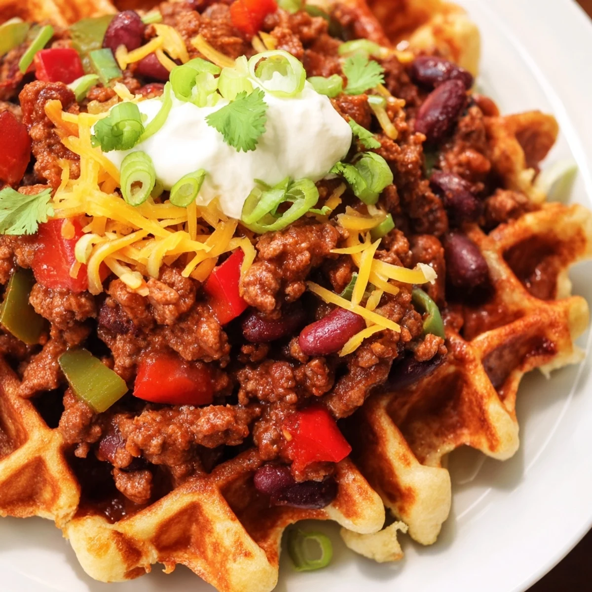 Close-up of golden, crisp cornbread waffles topped with a hearty scoop of beef chili, shredded cheddar, and fresh cilantro.