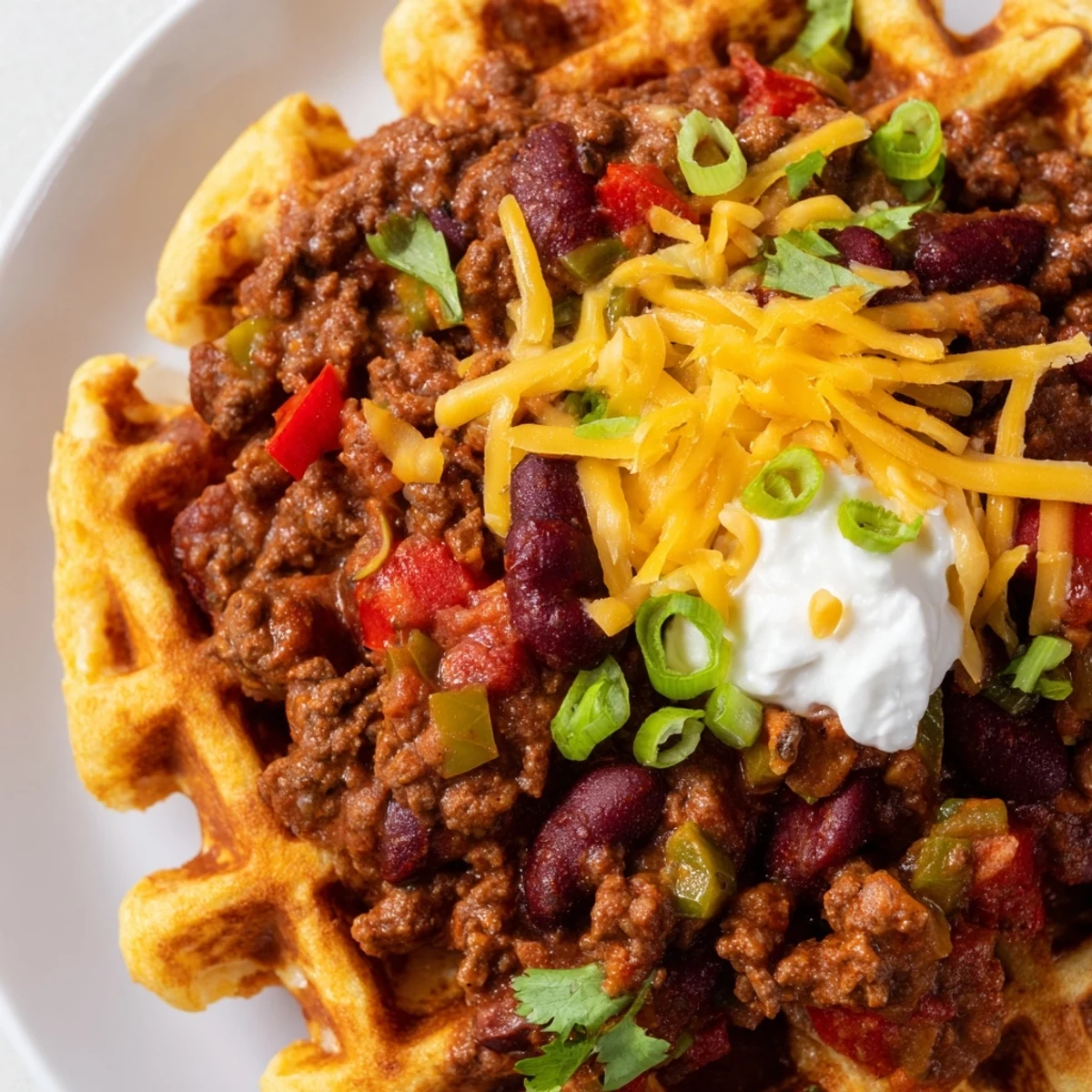 A bowl of savory beef chili with cornbread waffles, finished with sour cream and green onions for a comforting meal.
