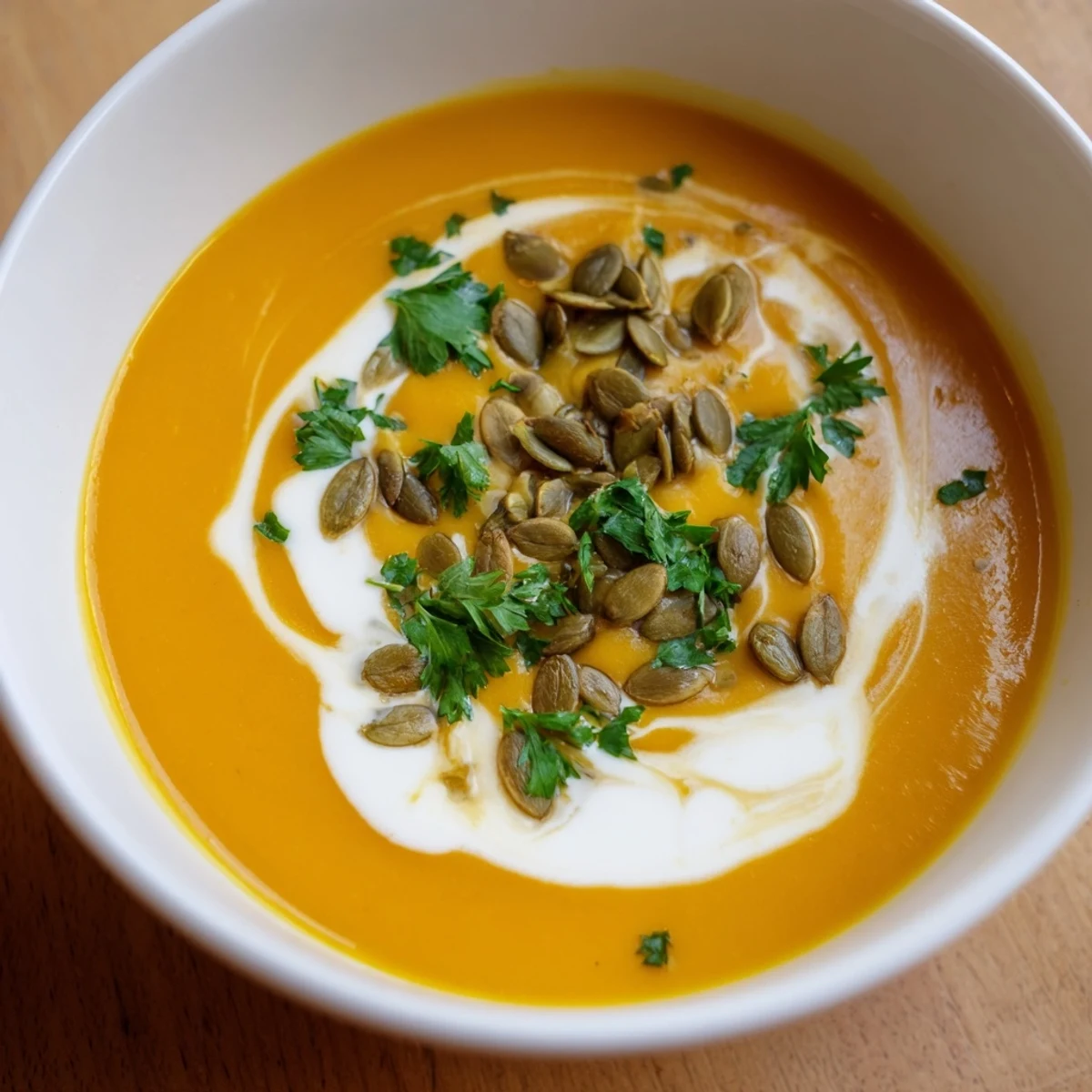 Creamy Winter Squash Soup with Apple garnished with pumpkin seeds in a rustic bowl.