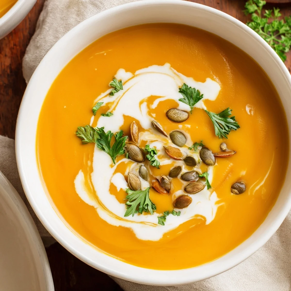 Silky Winter Squash Soup with Apple beside crusty bread and fresh parsley sprigs.