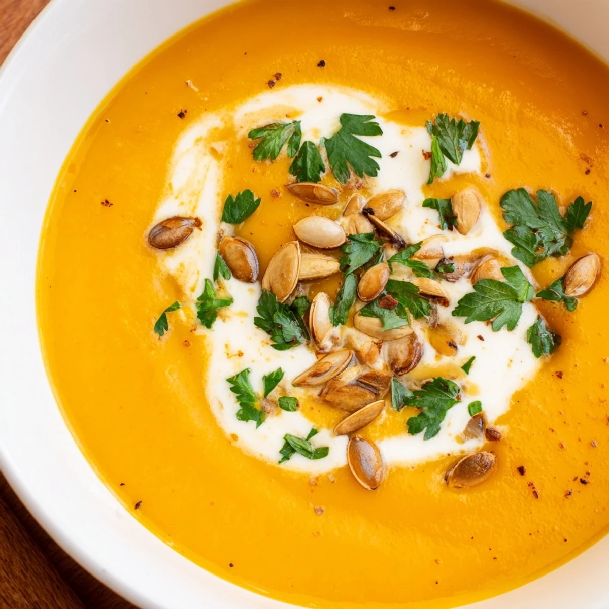 Steamy bowl of Winter Squash Soup with Apple, bright orange, topped with cream swirl.