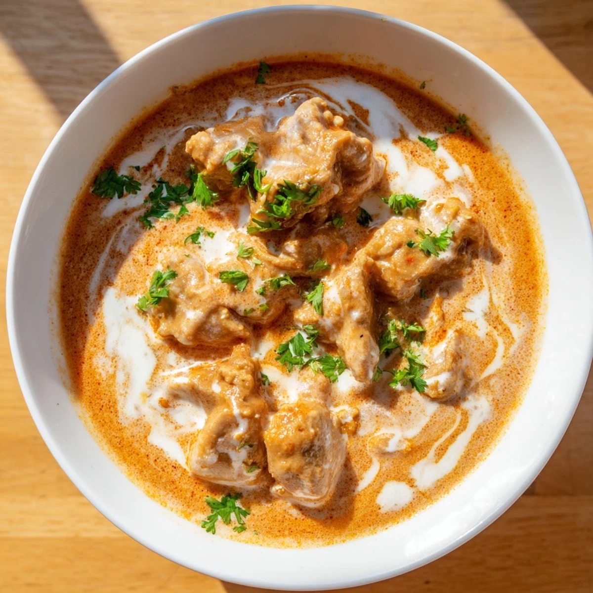 Golden Slow Cooker Chicken Tikka Masala in a white bowl, garnished with fresh cilantro, steam rising from the creamy orange sauce.