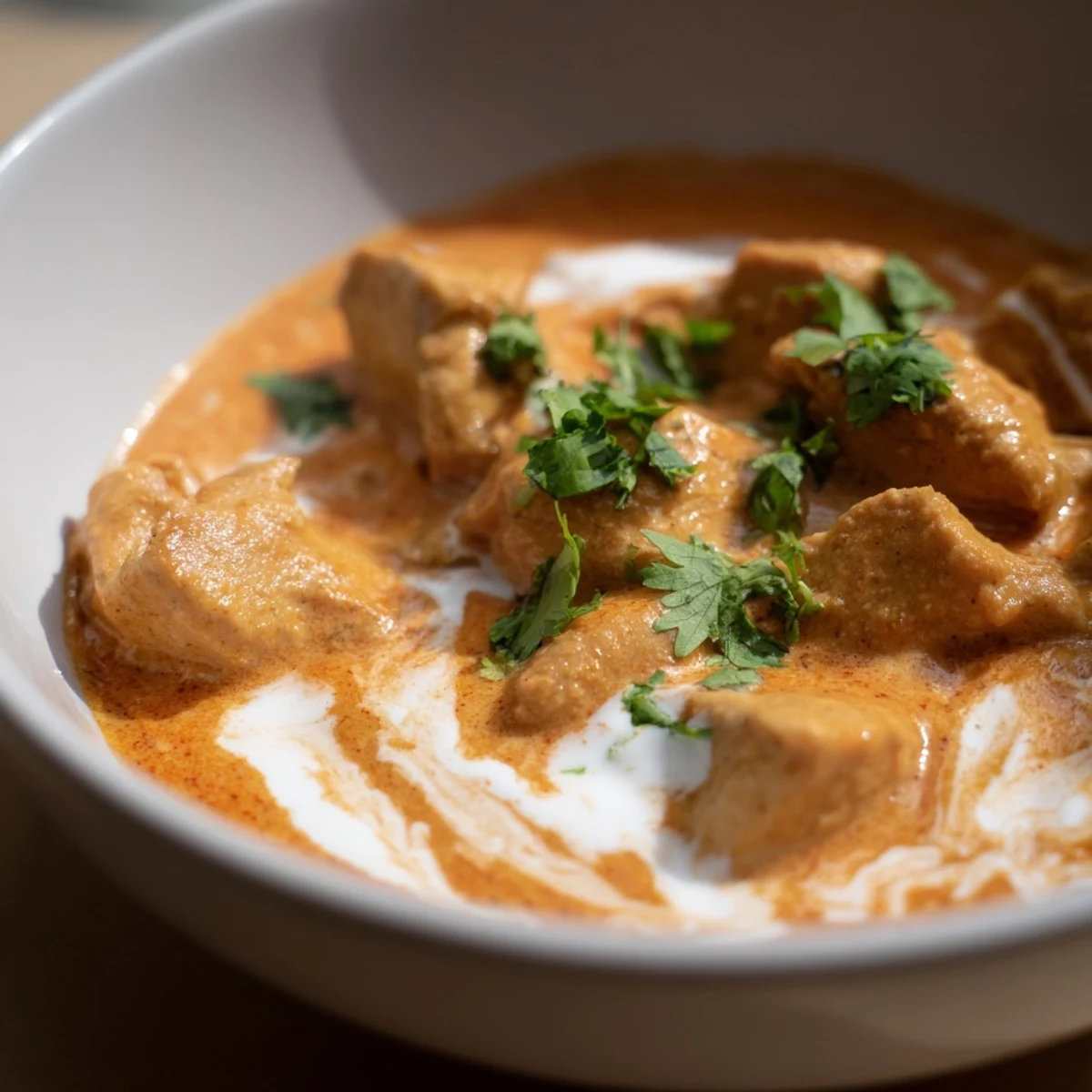 Served Slow Cooker Chicken Tikka Masala alongside fluffy basmati rice and buttery naan bread for a delicious weeknight dinner.