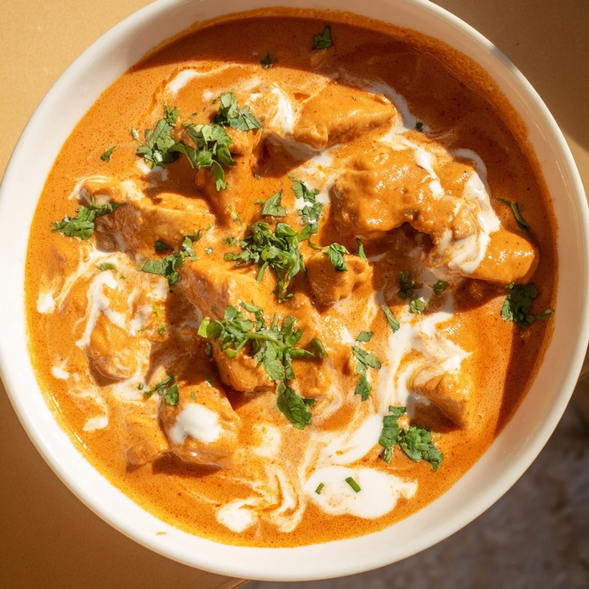 A rich bowl of Slow Cooker Chicken Tikka Masala featuring tender chicken thighs and a creamy, spiced tomato sauce.