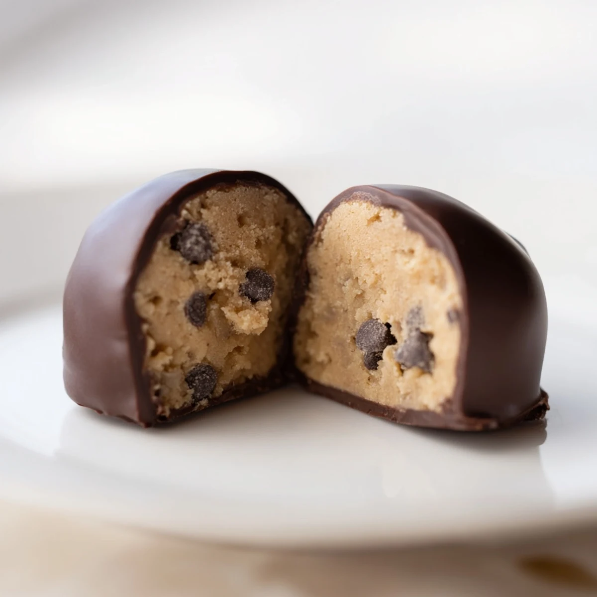 Fork-dipped Chocolate Chip Cookie Dough Truffles on parchment with rich chocolate coating.
