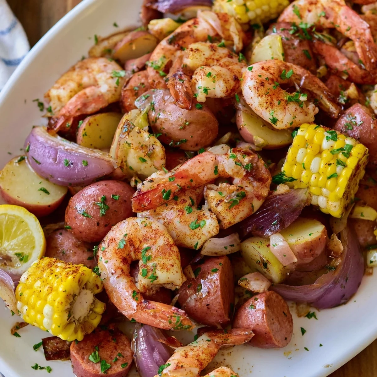 Golden-brown Sheet Pan Shrimp Boil with roasted corn, sausage, and potatoes, garnished with fresh parsley and lemon wedges.