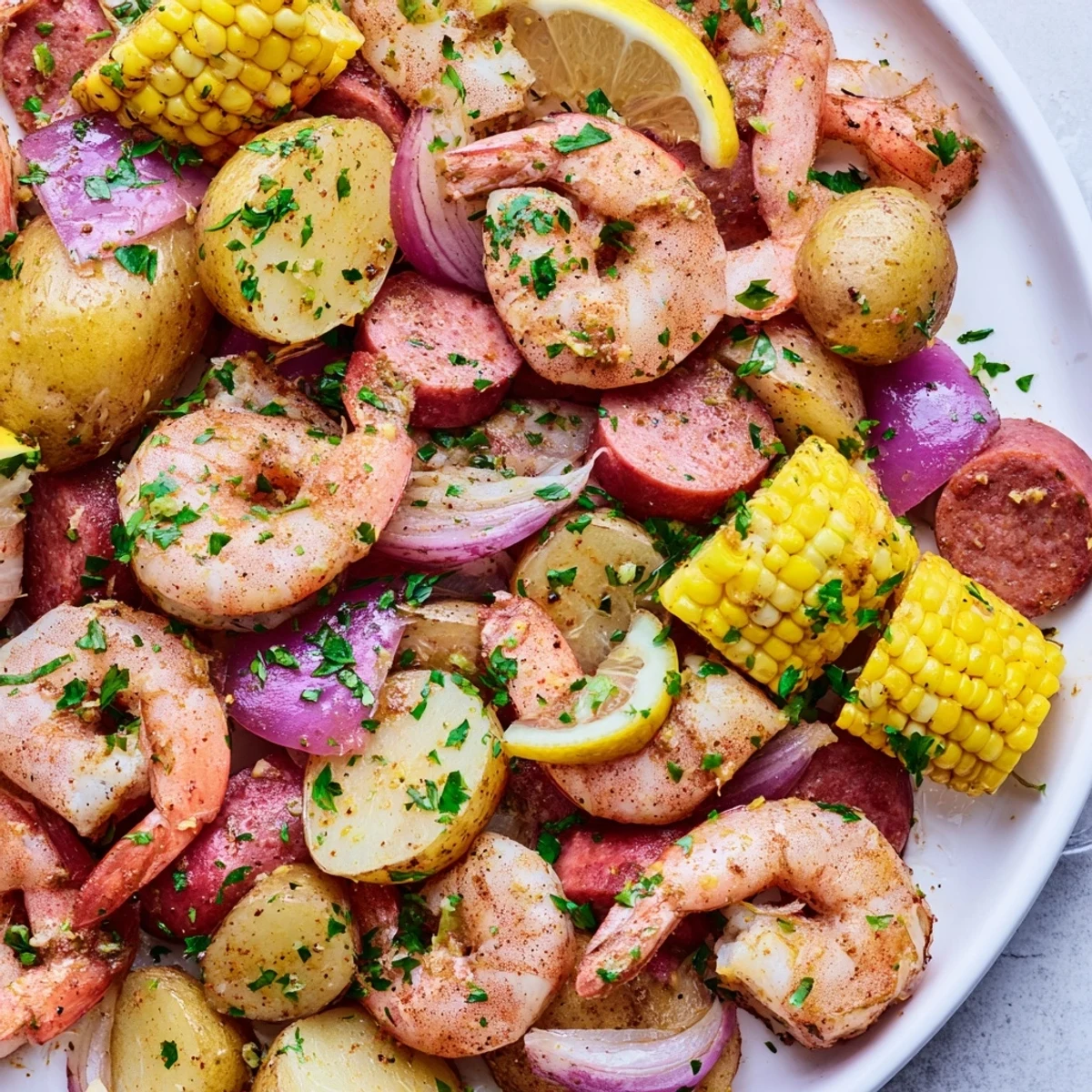 Sizzling Sheet Pan Shrimp Boil featuring pink shrimp, smoky andouille sausage, and charred corn, ready to serve hot from the oven.