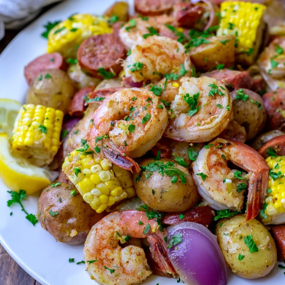 Easy Sheet Pan Shrimp Boil with tender baby potatoes and bright spices, plated with lemon slices and fresh herbs.