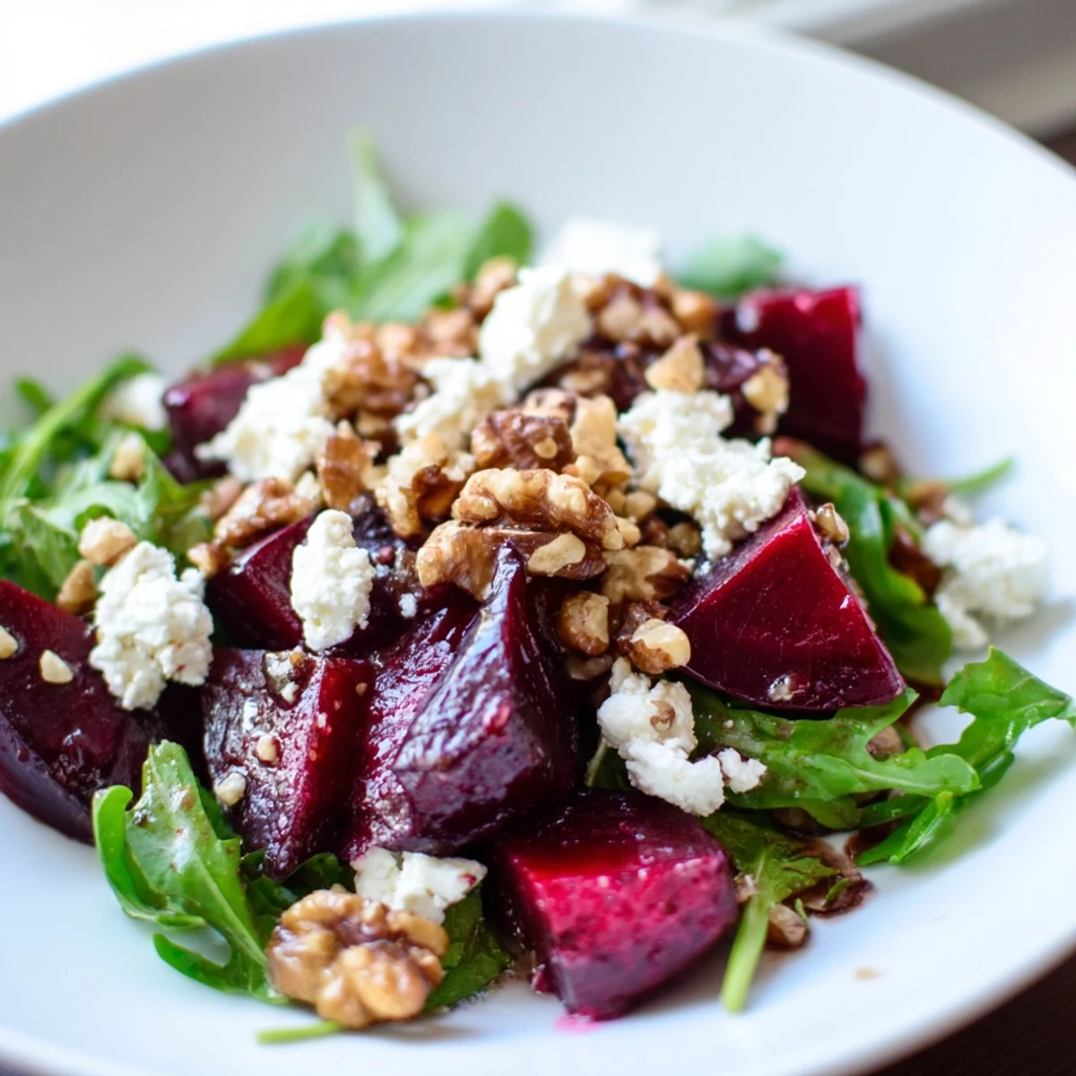Roasted Beet and Walnut Salad with ruby beets, crunchy walnuts, and crumbled goat cheese on dark greens, ready to serve.