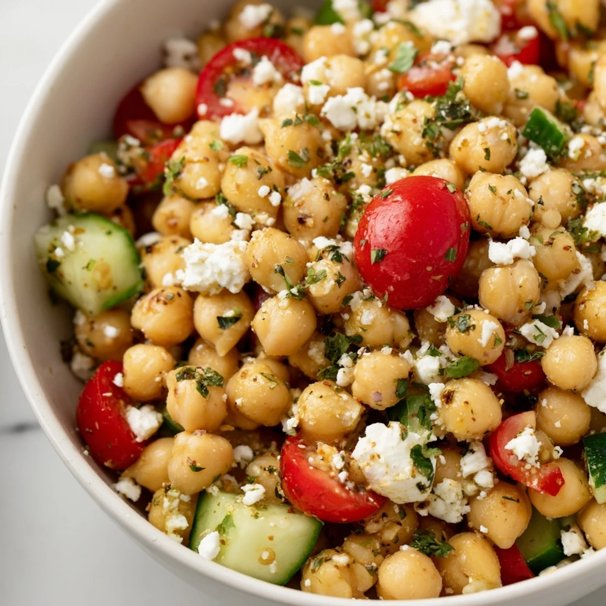 Freshly prepared Mediterranean Chickpea and Feta Salad with vibrant red tomatoes and crisp green cucumber tossed in a zesty lemon dressing.