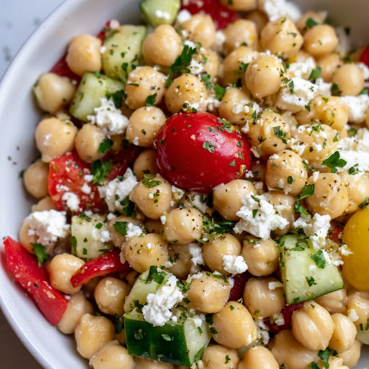 Colorful Mediterranean Chickpea and Feta Salad featuring diced red bell peppers and red onion, a protein-rich vegetarian side perfect for a summer lunch.