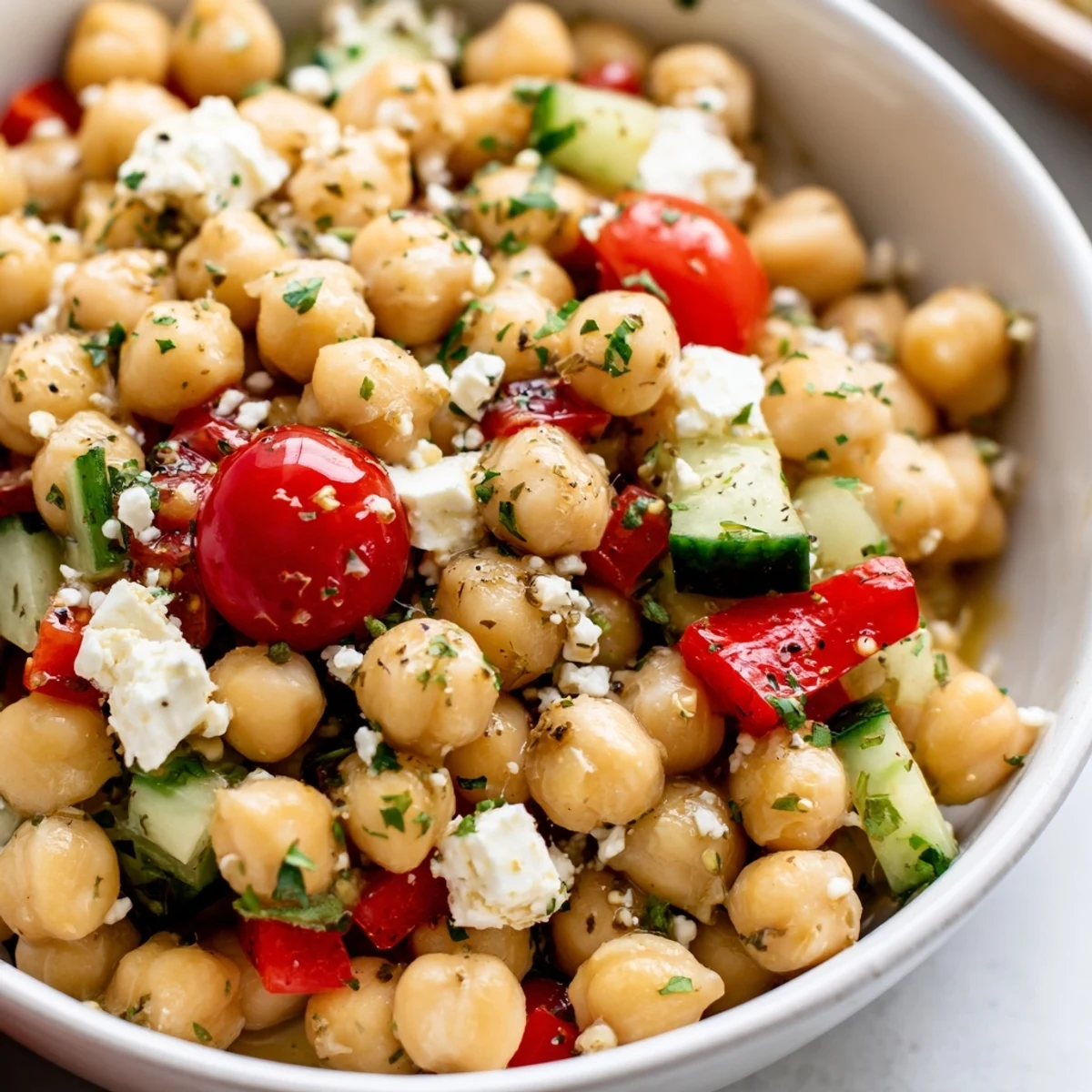 Bright Mediterranean Chickpea and Feta Salad topped with crumbled feta cheese, black olives, and chopped parsley, served in a rustic white bowl.