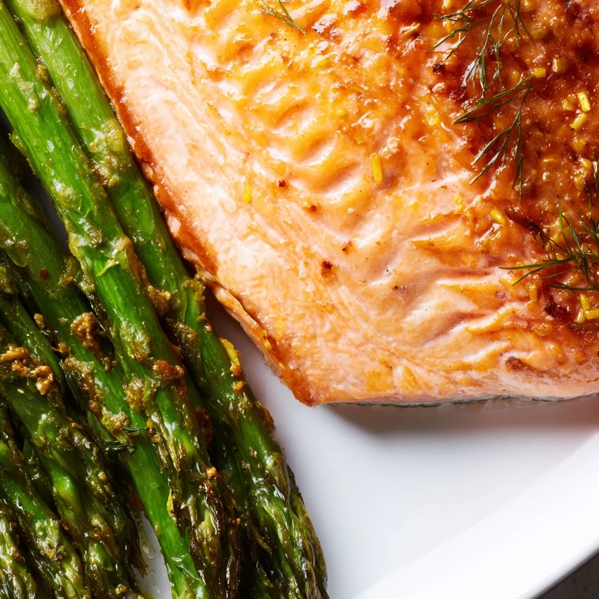 Crispy Air Fryer Salmon with Asparagus garnished with fresh dill and lemon wedges on a rustic plate.