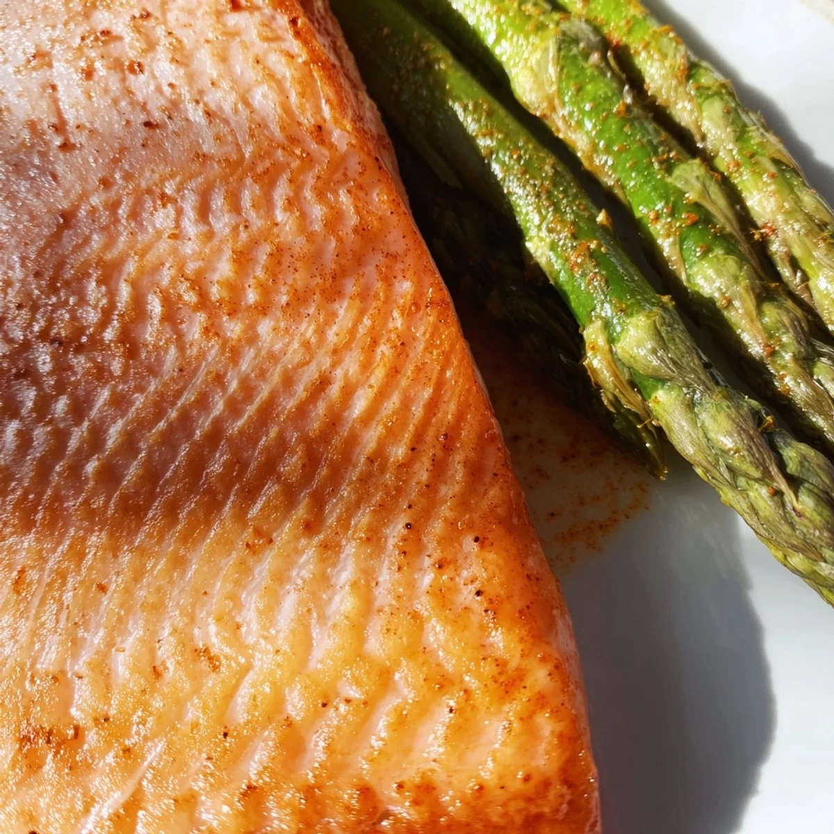 A close-up of Crispy Air Fryer Salmon with Asparagus, highlighting the flaky texture and vibrant green spears.