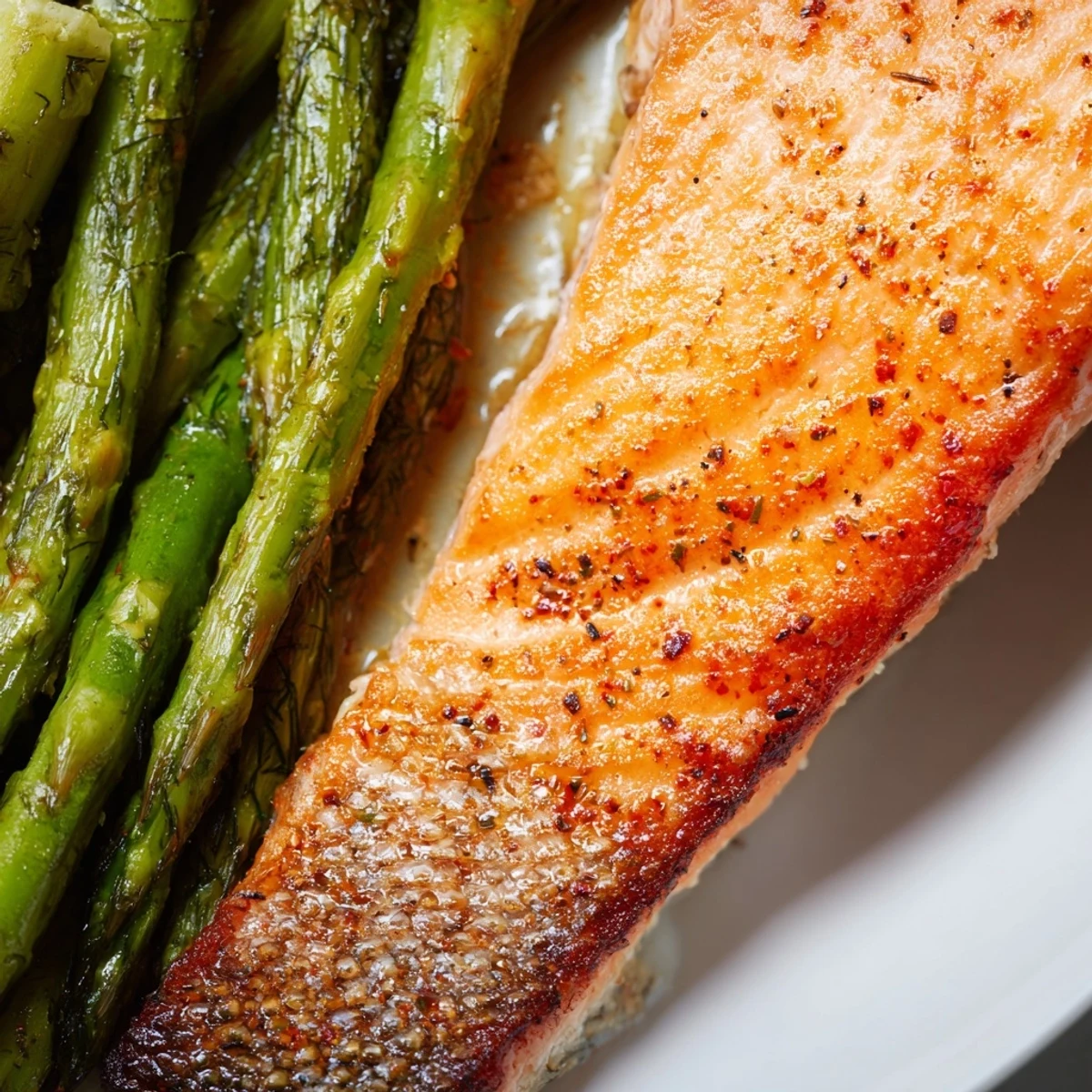 Golden-brown salmon fillets and tender asparagus cooked in the air fryer, ready for a healthy weeknight dinner.