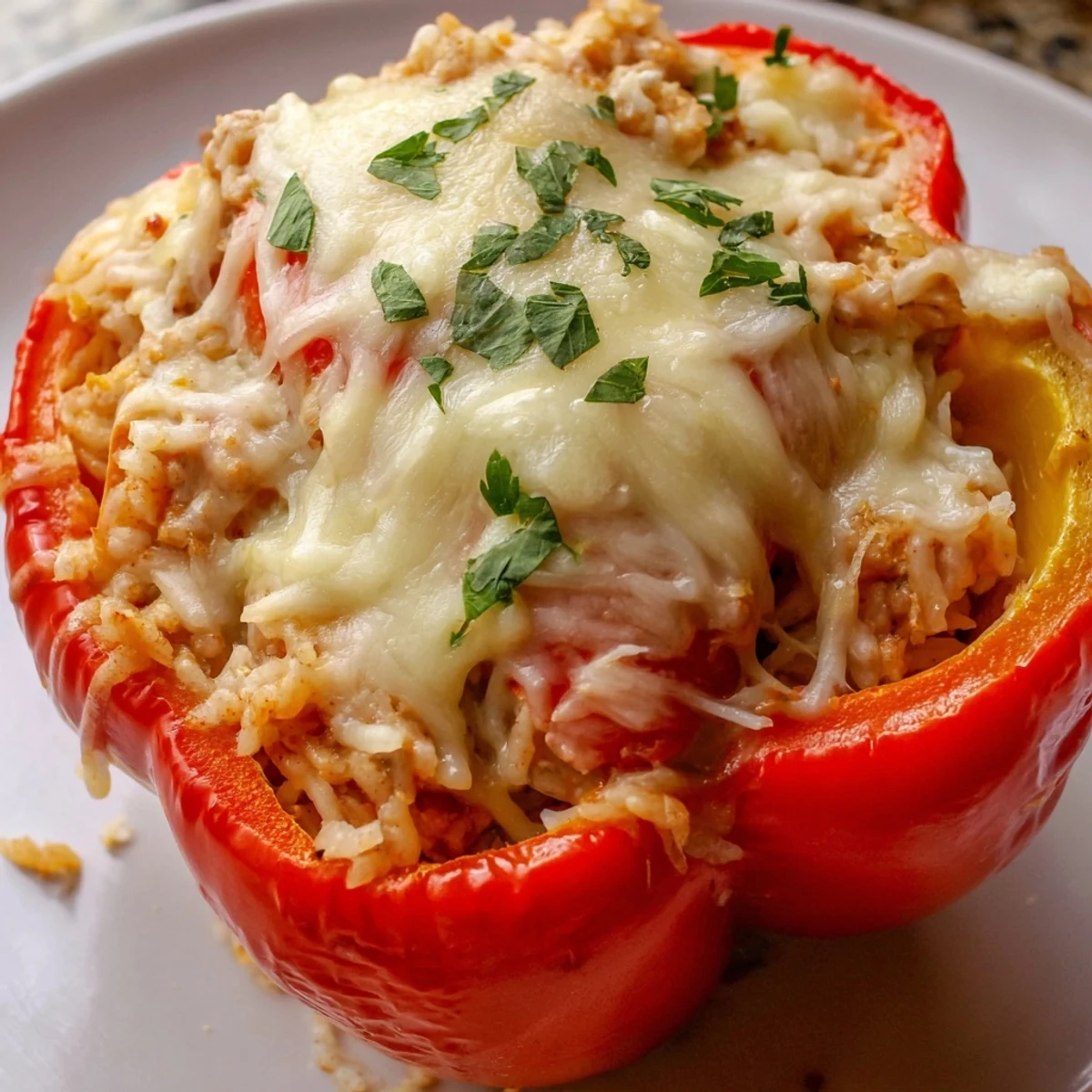 Colorful baked Turkey Stuffed Bell Peppers reveal a hearty filling of ground turkey and rice, steaming on a rustic plate.