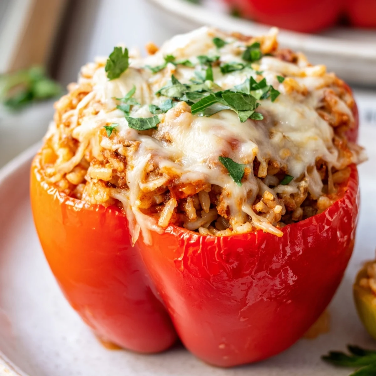 Freshly baked Turkey Stuffed Bell Peppers with melted cheese topping sit on a wooden board, surrounded by fresh parsley.