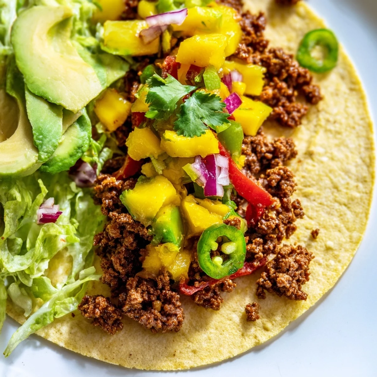 Warm corn tortillas filled with spicy beef and topped with fresh mango salsa, garnished with cilantro.