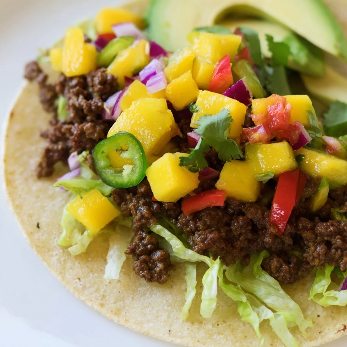Golden-brown spicy beef and vibrant mango salsa piled high on soft tortillas for taco night.