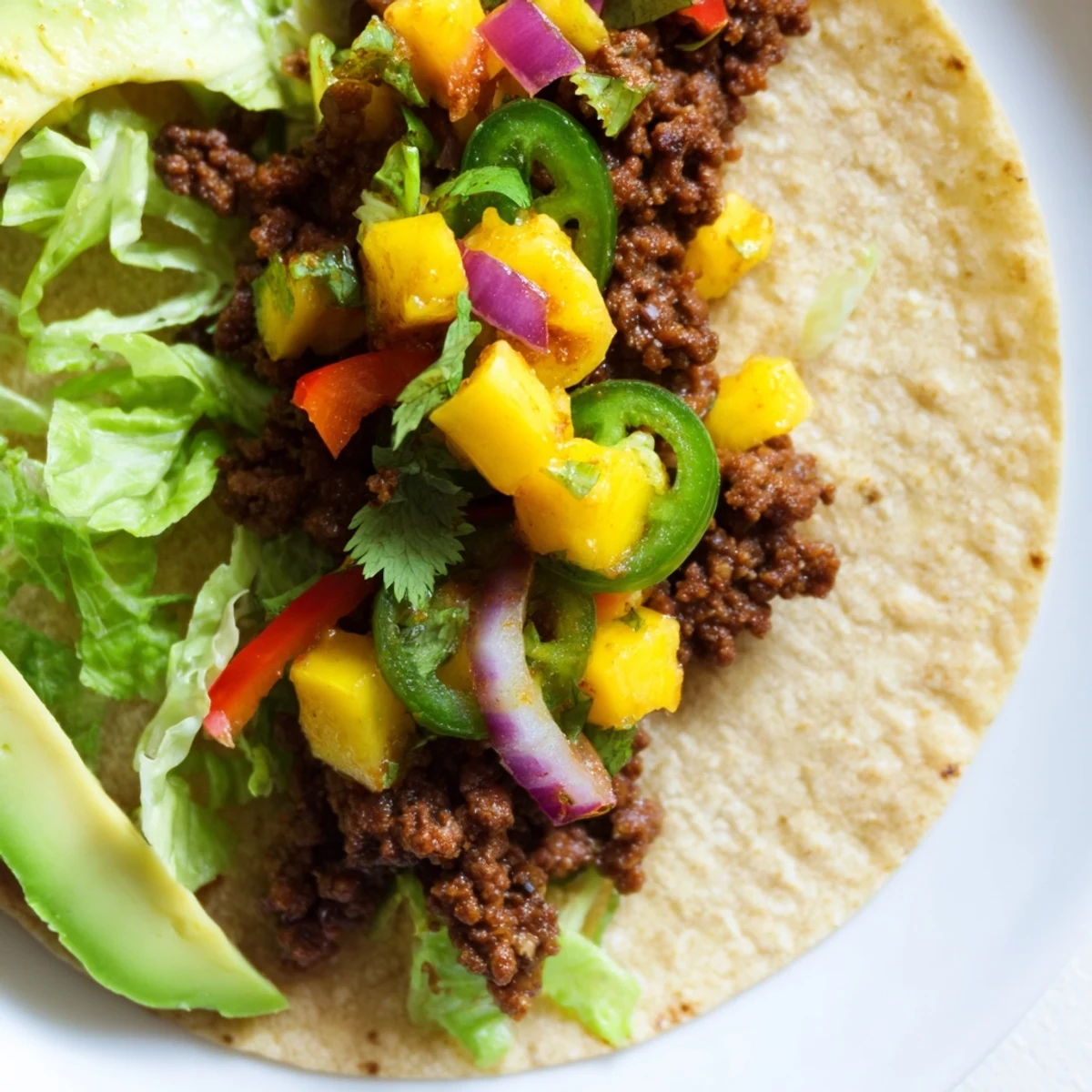 A close-up of spicy beef tacos with mango salsa, sliced avocado, and lime wedges on the side.
