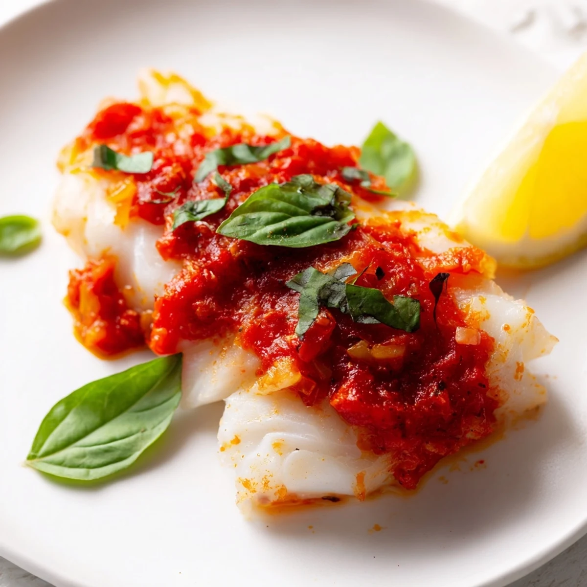 Golden-brown baked cod fillets coated in a chunky, vibrant tomato basil sauce, served hot from the oven.