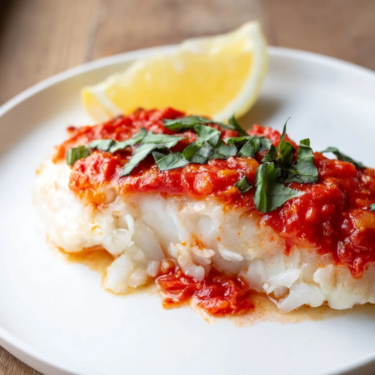 Fork-tender white fish simmered in a garlicky tomato and fresh basil mixture, ready to be plated.