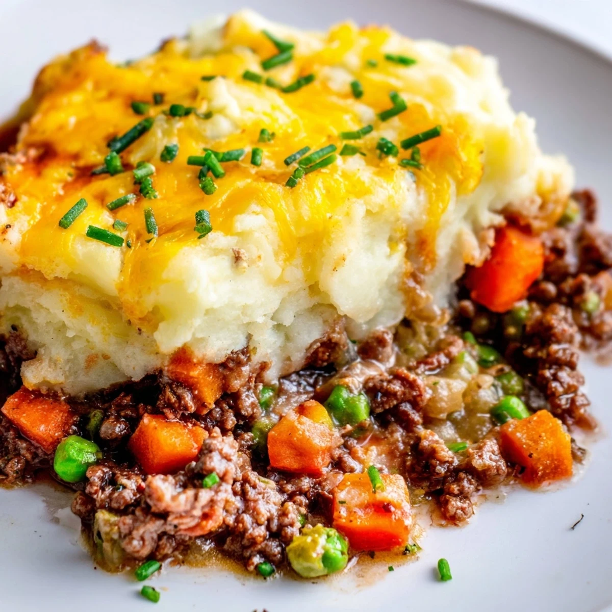 Golden, bubbling cheddar mash topping covers a savory beef and vegetable filling in a baked Beef Shepherds Pie casserole.