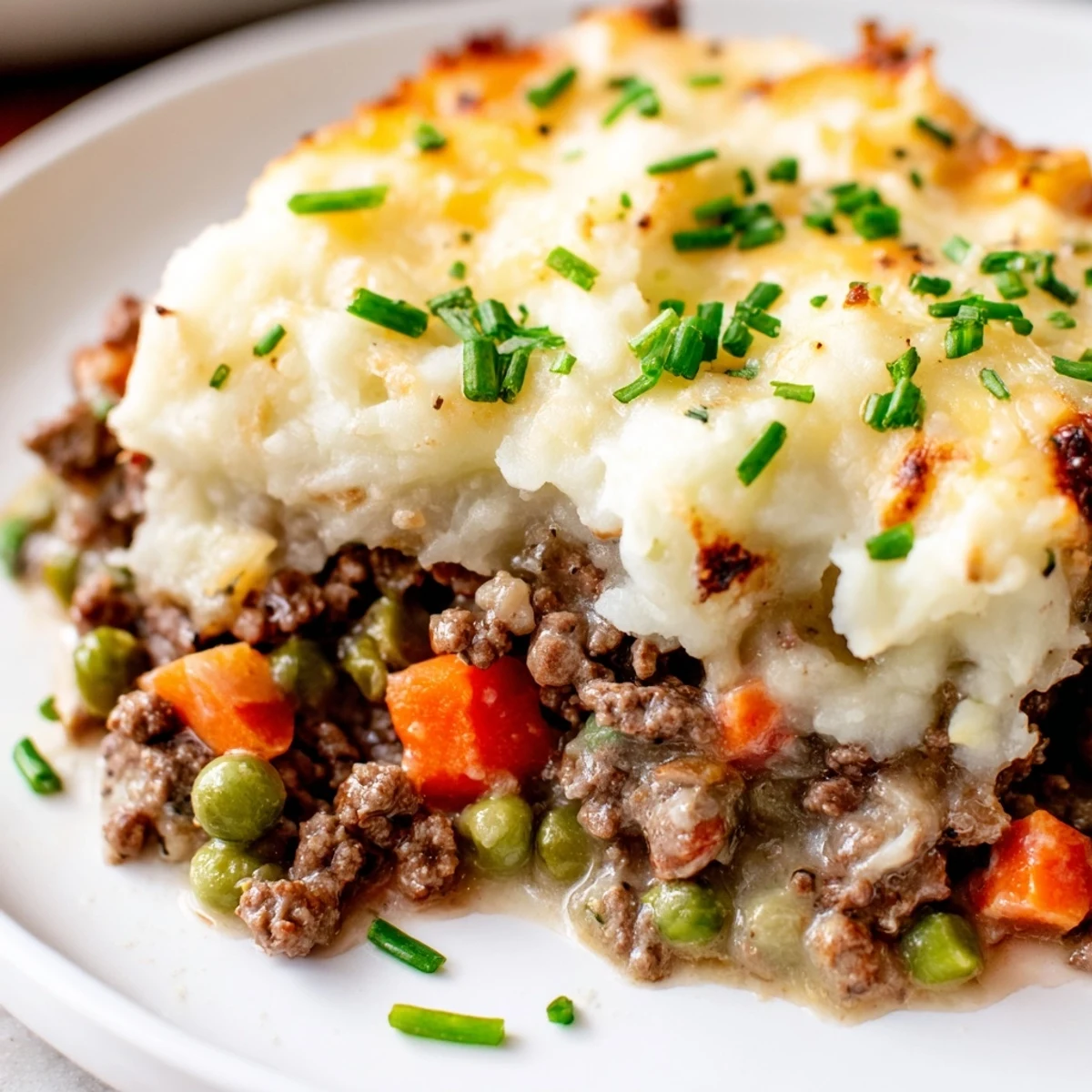 Fresh chives sprinkle over the crisp, golden top of a homemade Beef Shepherds Pie, revealing steam rising from the savory interior.