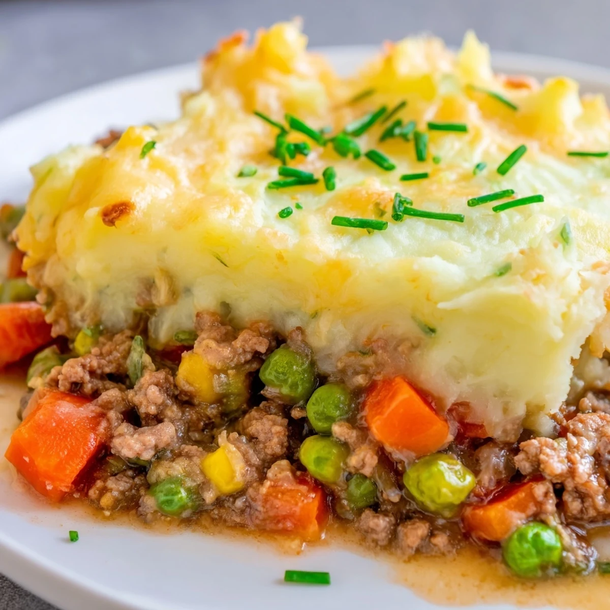 A hearty serving of Beef Shepherds Pie is plated with a side of fresh greens, showcasing the rich, cheesy potato crust.