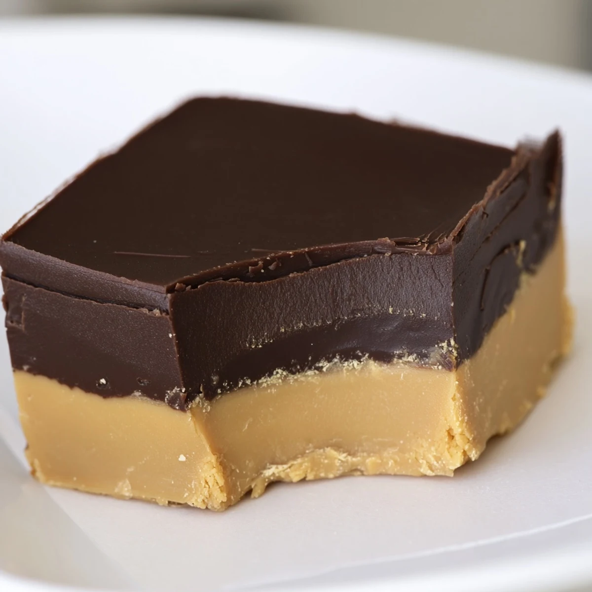 Homemade Chocolate Peanut Butter Fudge squares stacked on a serving plate, ready to gift or enjoy.