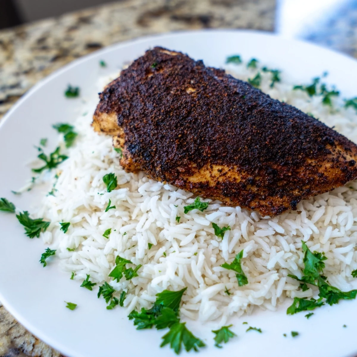 Golden-brown Cajun Blackened Chicken sizzling in a cast-iron skillet with fluffy white rice and fresh lemon wedges.  