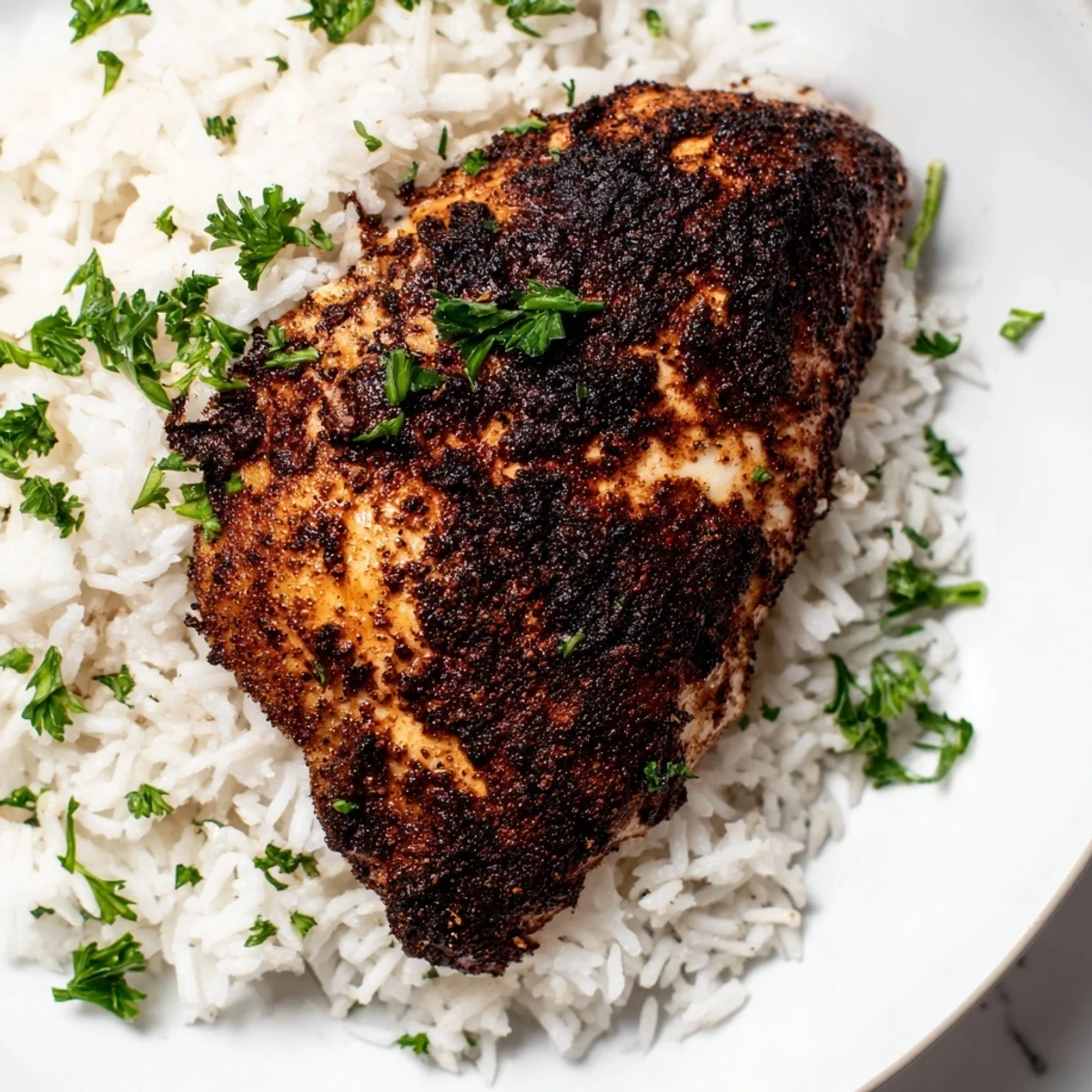 Juicy Cajun Blackened Chicken on a plate with fluffy rice and lemon, showcasing a Southern-inspired meal.