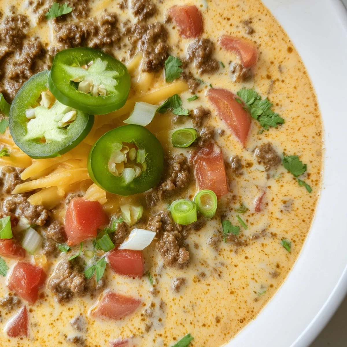 Golden, melted Big Game Spicy Beef Queso dip in a rustic bowl, topped with fresh cilantro and diced tomatoes.
